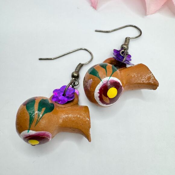 Handmade Hand Painted Clay Pot Dangle Earrings Folk Art Whimsical Floral Sequins - Picture 2 of 9